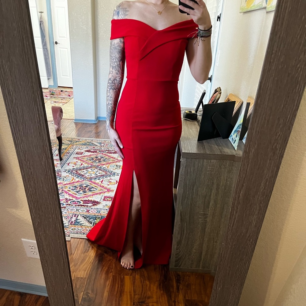Red off shoulder formal mermaid gown